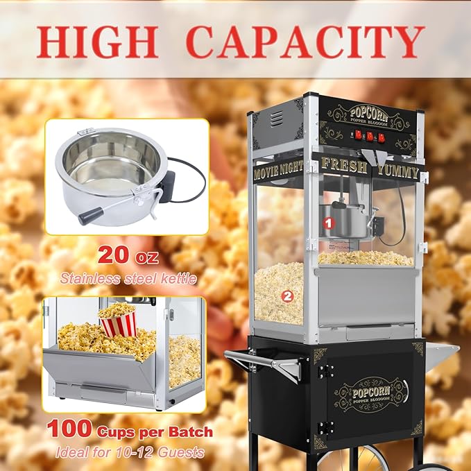 20oz Popcorn Machine with Cart, Wheels & Stainless Steel Kettle, Vintage Movie Theater Style, Popcorn Maker Machine for Parties, Events, Home & Commercial Use, Black