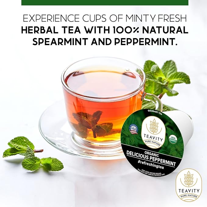Organic Peppermint Tea Pods for Keurig - Decaf Tea - by Teavity (36 Tea Pods)