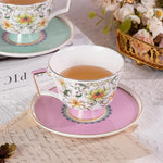 Load image into Gallery viewer, KAMMAK Ceramic Coffee Cups Saucers Set of 2, Porcelain Espresso Cups with Saucers, 8.12 oz Handcrafted Elegant Bone China Tea Cups, Lotus Floral Pattern Teacup for Party, Office, Women Gift