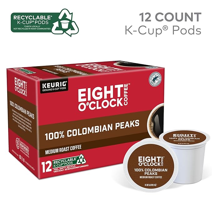 Eight O'Clock Coffee Colombian Peaks, Keurig Single Serve K-Cup Pods, Medium Roast, 12 count, pack of 6