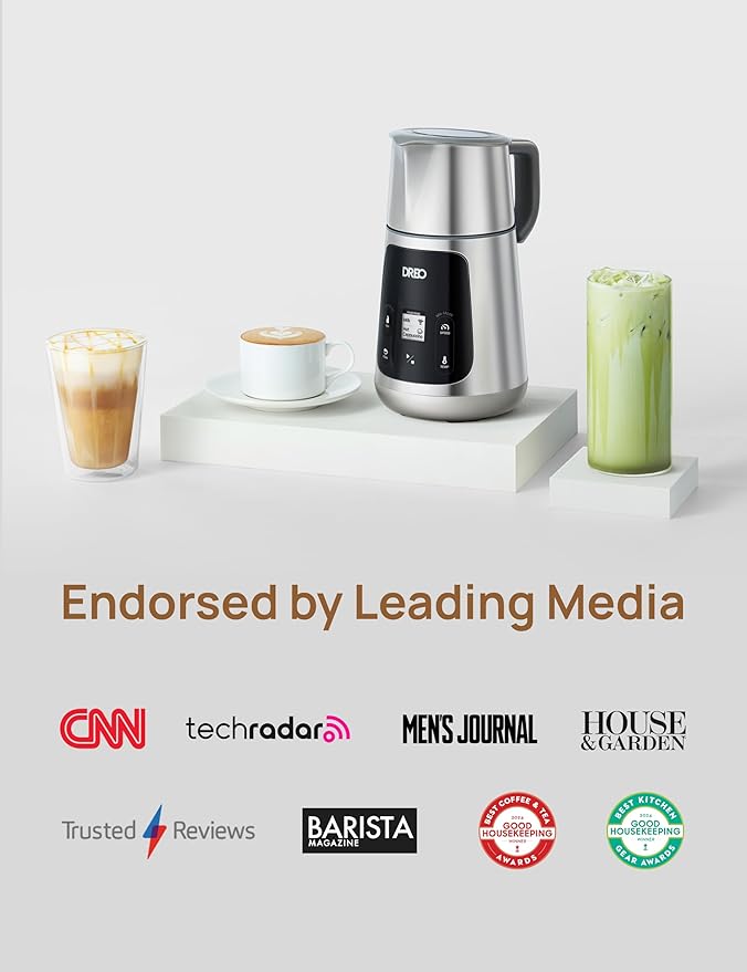 Dreo Milk Frother [Upgraded], All-in-1 Electric Foam Maker for Coffee, 15oz/450ml Automatic Foam Frother for Latte Art-level Microfoam, 30+ Drinks, Dishwasher Safe, Easy to Clean, LED display