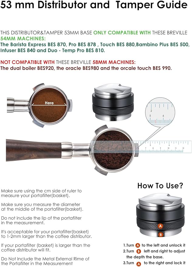 53mm Coffee Distributor and Tamper, Dual Head Coffee Leveler Compatible with Breville 54mm Portafilter, Adjustable Depth- Professional Espresso Hand Tampers