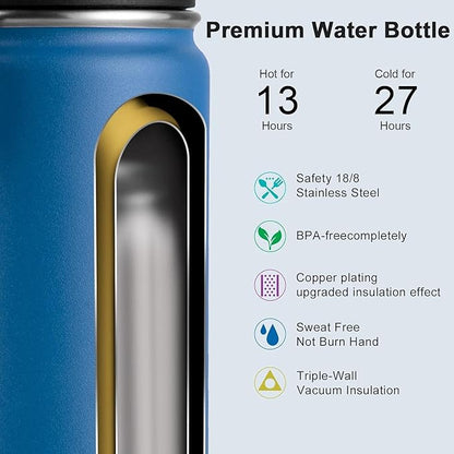 koodee Insulated Water Bottle, 32 oz Stainless Steel Double Wall Vacuum Wide Mouth Sport Bottle with Leakproof Spout Lid (Navy)