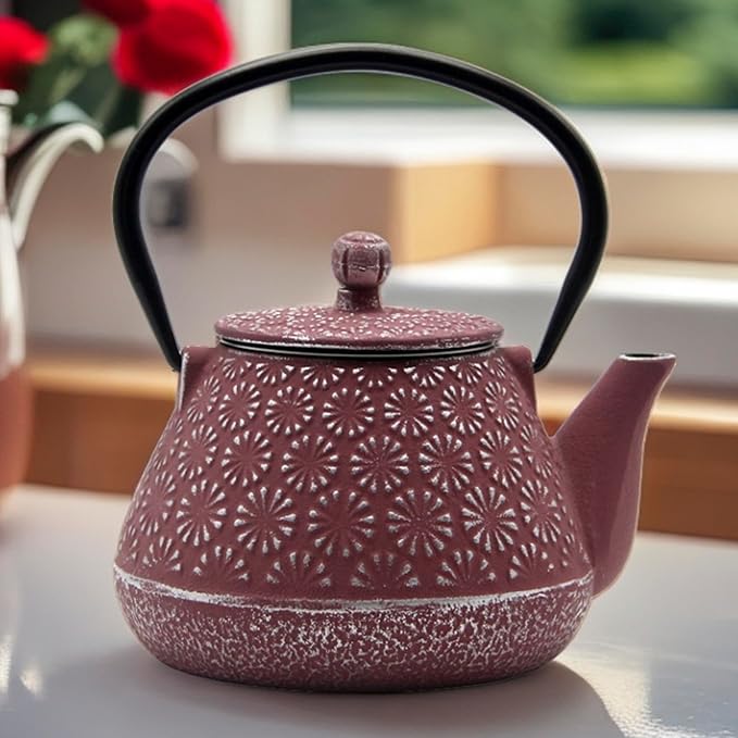 Cast Iron Teapot, 20.3oz Small, Enameled Interior, Stainless Steel Infuser for Loose Tea (Pink Gerbera Pattern)