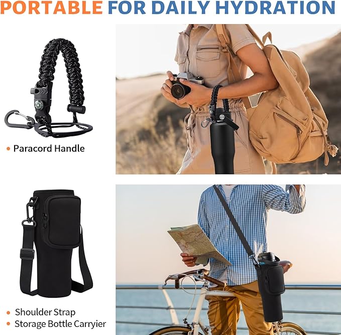 32 oz Insulated Water Bottle - Fits in Car Cup Holder, Cold 48H Hot 24H, Leakproof Stainless Steel Water Bottles with Straw & Pop-up Spout Lid, Paracord Handle, Bottle Holder Bag & Flask Boot