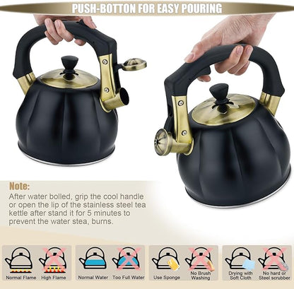Stainless Steel Tea Kettle for Stove Top Teakettles Stovetop Whistling with Heat Proof Ergonomic Handle 2.5 Quart
