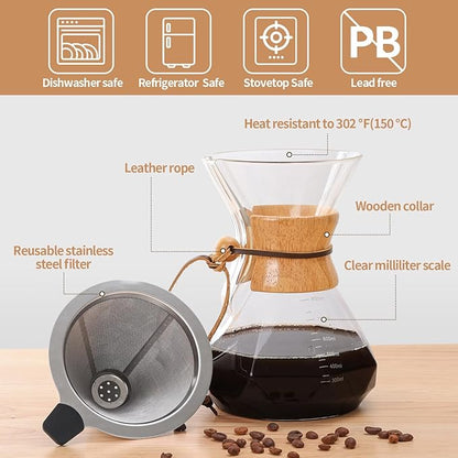 Pour Over Coffee Maker 27 OZ, 8 Cup Borosilicate Glass Drip Coffee Maker with Reusable Stainless Steel Filter and Cork Grip for Home Café 800 ML (Diamond Shape)