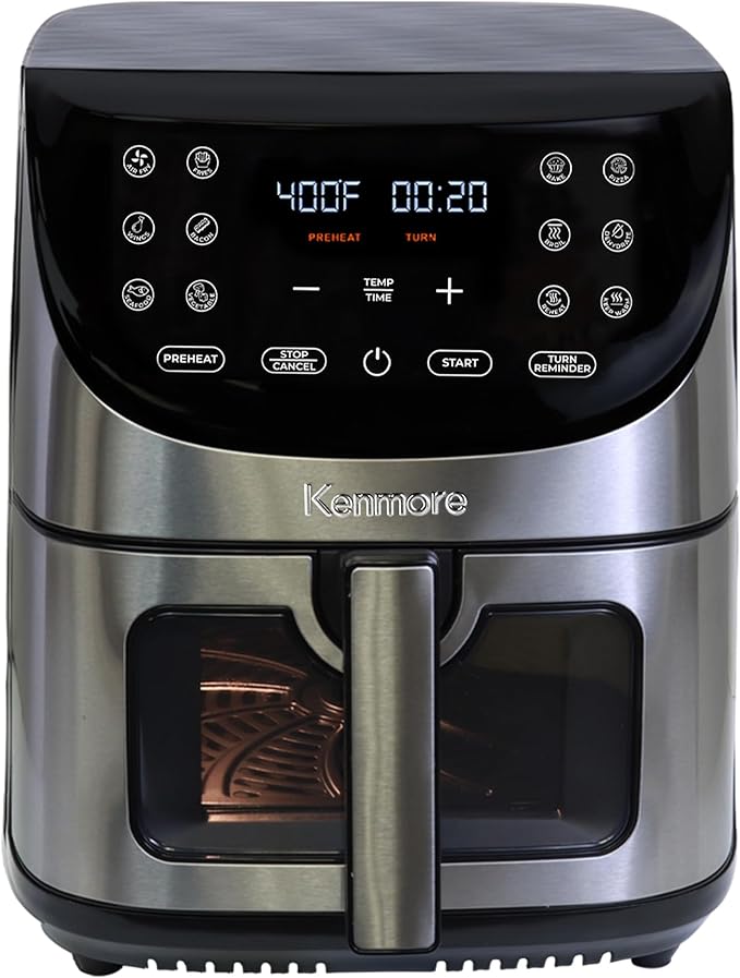 Kenmore 8 Quart Air Fryer - Aerogrill, Non-Stick Frying Basket, French Fry, Digital Touch Screen, 12 Presets, Freidora Eléctrica, Countertop Cooking Kitchen Appliance, Stainless Steel, Black