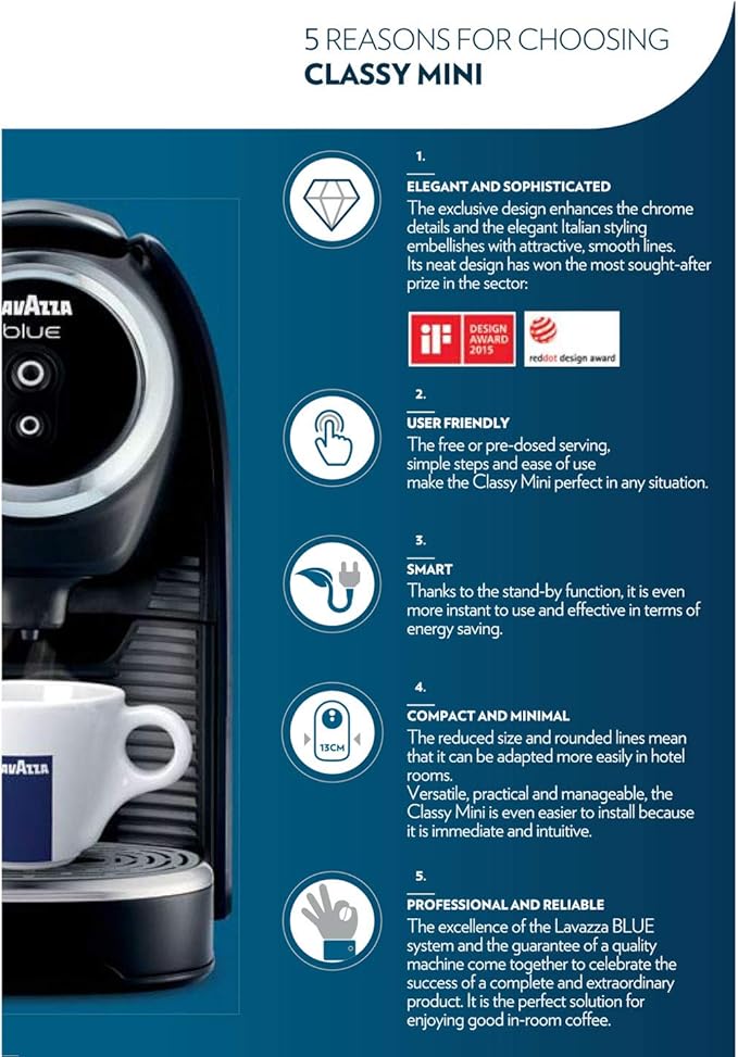 Lavazza BLUE Classy Mini Single Serve Espresso Coffee Machine LB 300, 5.3" x 13" x 10.2" 2 Coffee selections: simple touch controls, 1 programmable free dose and 1 pre-set