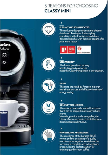 Lavazza BLUE Classy Mini Single Serve Espresso Coffee Machine LB 300, 5.3" x 13" x 10.2" 2 Coffee selections: simple touch controls, 1 programmable free dose and 1 pre-set