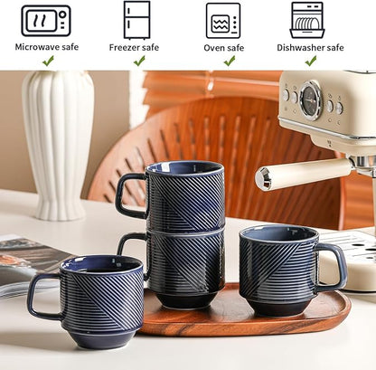 Stackable Coffee Mugs Set: 13 oz Ceramic Stacking Cups for Cappuccino Latte Tea - Microwave Safe Mug for Home & Office - 4 PCS, Navy