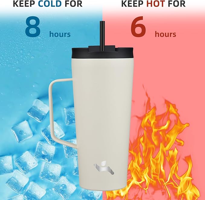 Insulated Tumbler with Handle and Straw, 22 OZ Travel Coffee Mug Stainless Steel Cup Metal Water Bottle,Angel White