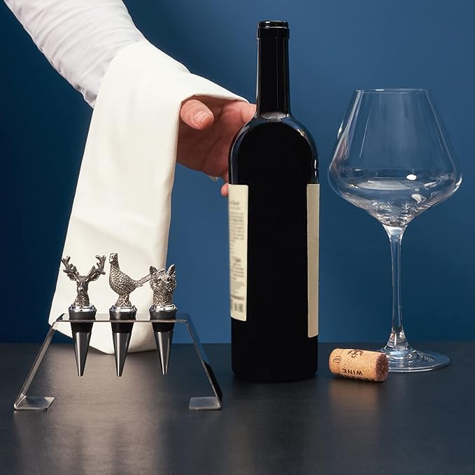 Regent Stainless Steel 3-Piece Animal Stoppers Set (Trapezium Holder) Classic Design 3 Piece Wine Stopper Set, Bottle Stoppers with stand - Set of 3