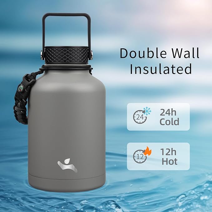 Insulated Water Bottle with Straw,50 oz 3 Lids Water Jug with Carrying Bag,Paracord Handle,Double Wall Vacuum Stainless Steel Metal Flask,Gray