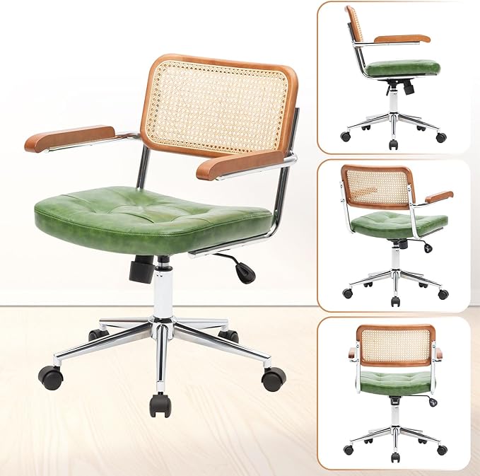 Rattan Office Chairs, Modern Rattan Desk Chair with Natural Back & Wood Armrest, Small Upholstered Tufted Leather Home Office Desk Chairs for Home Office, Bedroom, Study, Green