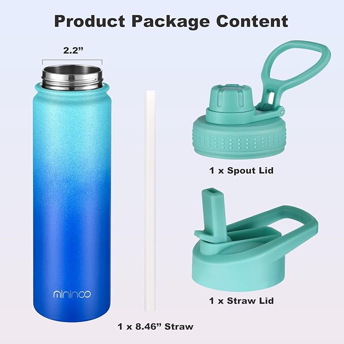 mininoo Insulated Stainless Steel Water Bottle with Straw and Lid for Sports, 24 oz, Pacific Dream