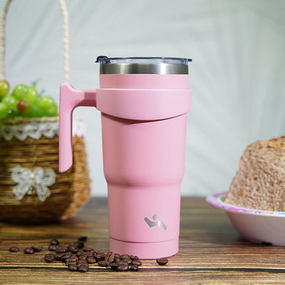 30 oz Tumbler with Handle and 2 Straw 2 Lid, Insulated Water Bottle Stainless Steel Vacuum Cup Reusable Travel Mug, Light Pink