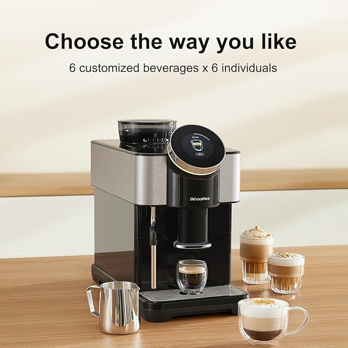 Dr.coffee H1 Fully Automatic Espresso Maker, Bean To Cup Coffee Machine, Espresso Coffee Machine With Steam Wand, 6 Customized Beverages For Home Use, Piano Black
