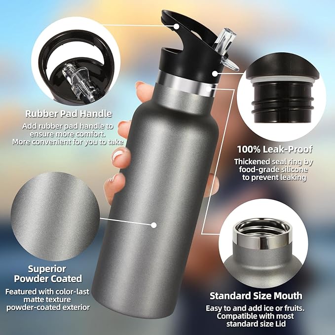 Volhoply 17oz Insulated Water Bottle Bulk 8 Pack,Stainless Steel Kids Water Bottles with Straw Lid,Double Wall Vacuum Metal Water Flask,Reusable Sports School Cups Keep Hot & Cold (Cold Grey,8 Set)