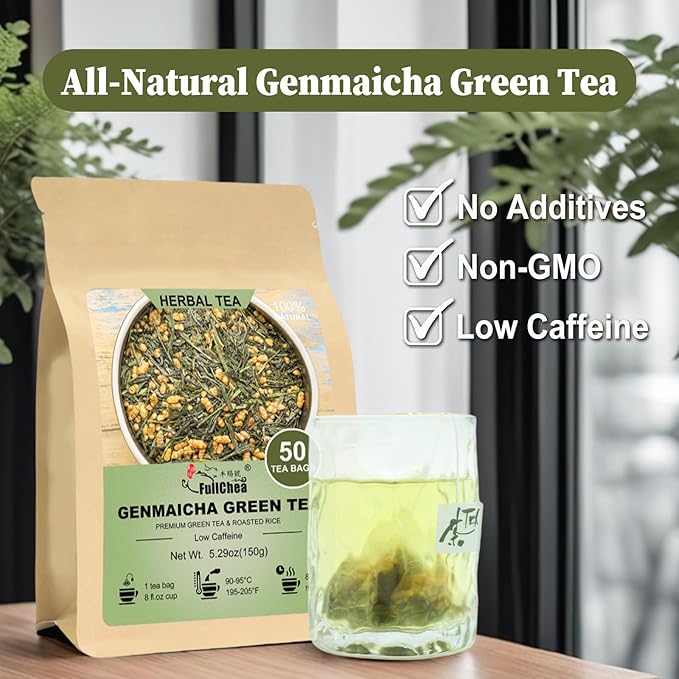 FullChea - Genmaicha Tea bags, 50 Teabags - Genmaicha Green Tea with Roasted Rice, Nutty & Refreshing - Low Caffeine - Soothing & Digestive, Perfect for Daily Relaxation