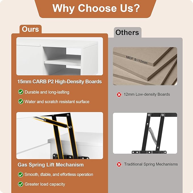 ALINE FURNITURE White Coffee Table Lift Top - Coffee Table with Solid Wood Legs, Hidden Storage Compartment & Open Shelves - 40" Lift Up Coffee Tables for Living Room