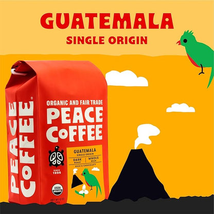 Peace Coffee Guatemala Single Origin Coffee | 20 oz Whole Bean Dark Roast | Organic Fair Trade | Rich, Chocolatey Flavor | Shade Grown, Fresh Roasted