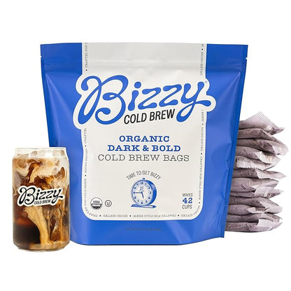 Bizzy Organic Cold Brew Coffee | Dark & Bold Blend | Coarse Ground Coffee | Dark Roast | Micro Sifted | Specialty Grade | 100% Arabica | Brew Bags | 12 Count | Makes 42 Cups