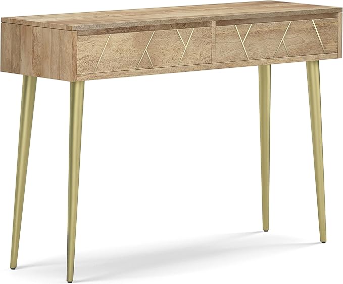 SIMPLIHOME Jager Console Table - 48 Inch Wide Solid Mango Wood Sofa Table in Natural, Mid-Century Modern Storage Table for Entryway or Living Room with 2 Drawers, Brass Inlay, and Gold Metal Legs