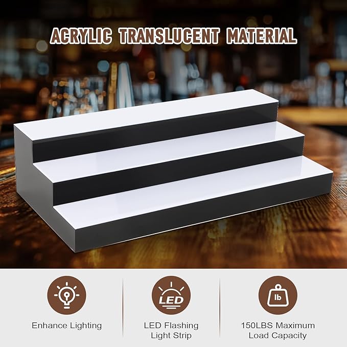 FAHKNS LED Lighted Liquor Bottle Display, 3 Tiers 24 Inch LED Liquor Shelves with RF Remote, Liquor Bottle Accessories Shelf for Home Bar, 16 Static Colors 4 Dynamic Mode