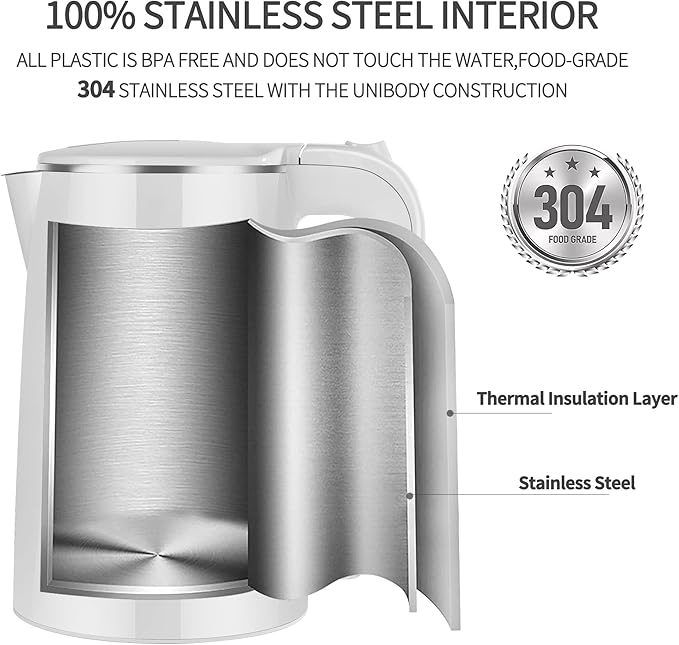 1.7L Electric Kettle Quiet, Double Wall Hot Water Boiler BPA-Free, Quiet Boil and Cool Touch Tea Kettle, Cordless with Auto Shut-Off & Boil Dry Protection, 1500W Fast Boiling, White