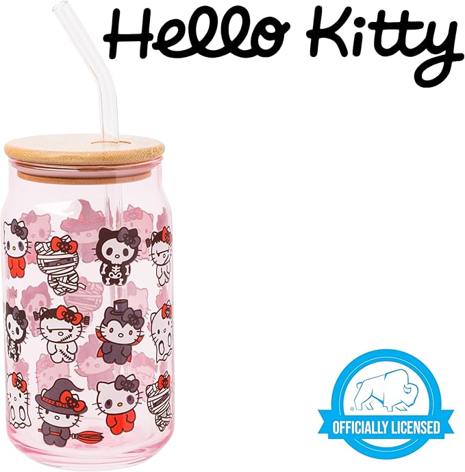 Silver Buffalo Sanrio Hello Kitty and Friends Halloween Spooky Costumes Ghost Witch Vampire Zombie Frankenstein Skeleton Pink Glass Jar Tumbler with Bamboo Lid and Glass Straw, 16 Ounces