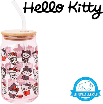 Silver Buffalo Sanrio Hello Kitty and Friends Halloween Spooky Costumes Ghost Witch Vampire Zombie Frankenstein Skeleton Pink Glass Jar Tumbler with Bamboo Lid and Glass Straw, 16 Ounces