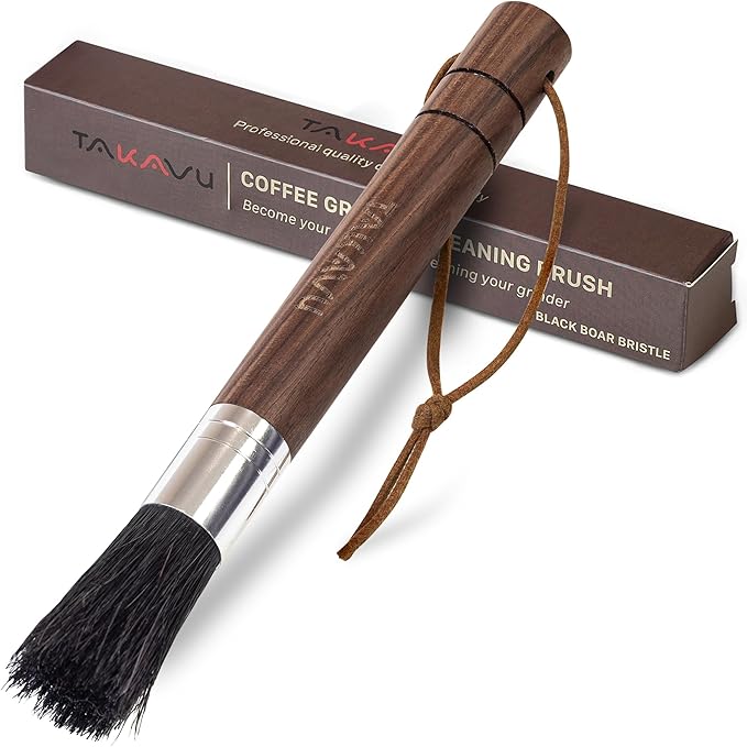 Takavu Coffee Grinder Cleaning Brush, Barista Brush with Black Boar Bristle, Espresso Machine Cleaner Tool, Brista Dusting Accessories Used on Group Heads, Shower Screen, Portafilter, Scoop, Tamper