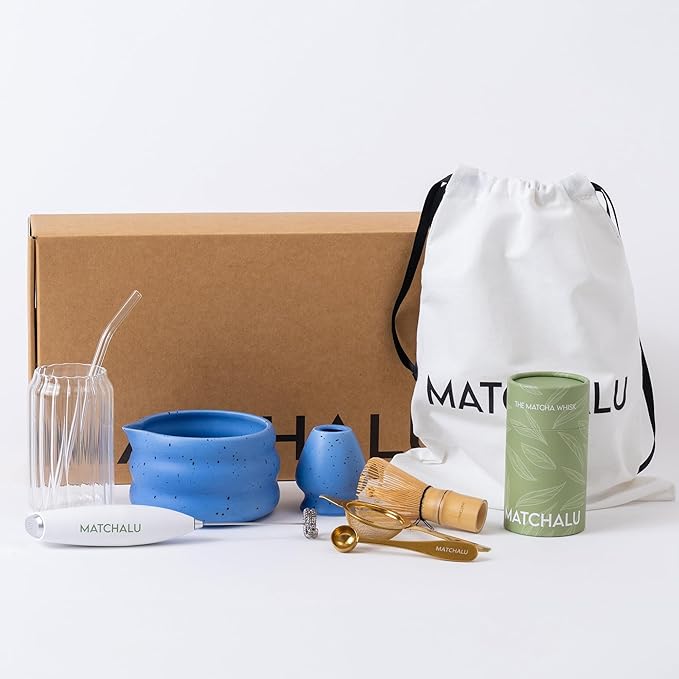 Premium 9 Piece Matcha Set With Ceramic Matcha Bowl, Bamboo Whisk & Holder, Stainless Steel Spoon & Sifter, Glass Cup & Straw, Electric Frother, Storage Bag - Gift for Matcha Lovers (Blue)