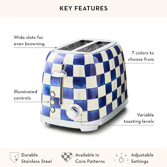 MACKENZIE-CHILDS 2-Slice Toaster, Decorative Toaster for Kitchen, Blue-and-White Royal Check
