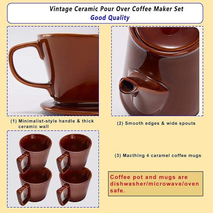 Wild Lily's Spring 22 Oz Vintage Ceramic Pour Over Coffee Maker Set with 4 Coffee Mugs, Ceramic Coffee Pot & 3-Hole Dripper Set, Perfect for 3-4 People at Home, in Cafés and Restaurants (Caramel)