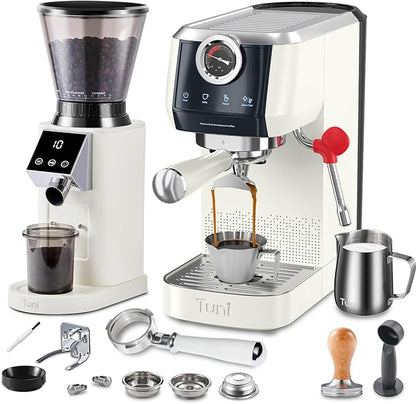 Tuni E2 58mm Dual Boiler Espresso Machine and G1 Ivory 48 Grinding Settings Conical Burr Coffee Grinder with Bottomless Portalfilter Combo (E2 with Upgrade Kit)