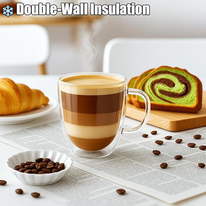 Set of 4 Double Walled Glass Coffee Mugs with Handles, 12oz Clear Coffee Mugs for Hot/Cold Beverages, Insulated Borosilicate Glass Cups for Cappuccino, Espresso, Latte, Tea, Milk, Microwave Safe