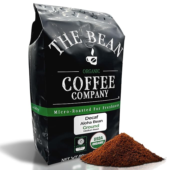 The Bean Organic Coffee Company Water Processed DECAF Aloha Bean (Hawaiian Hazelnut), Medium Roast, Ground Coffee, 5-Pound Bag, Café Molido Tostado Orgánico descafeinado