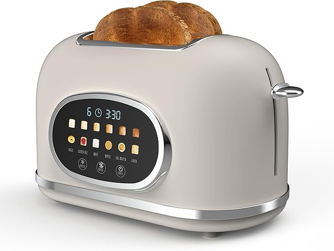 Rae Dunn Retro Digital Electric Toaster, 2 Slice Stainless Steel Toaster With Touchscreen, Countdown Timer, 6 Shade Settings, Wide Slots, High Lift Lever, Bagel, Defrost & Reheat, Cream New