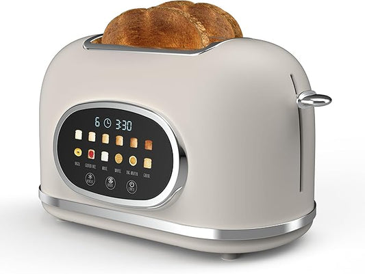 Rae Dunn Retro Digital Electric Toaster, 2 Slice Stainless Steel Toaster With Touchscreen, Countdown Timer, 6 Shade Settings, Wide Slots, High Lift Lever, Bagel, Defrost & Reheat, Cream New