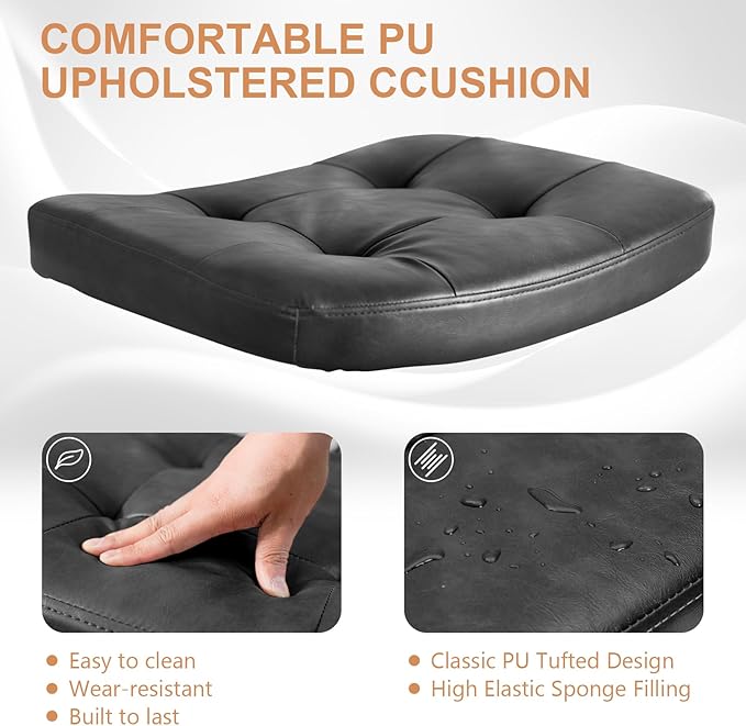 Rattan Office Chairs, Modern Rattan Desk Chair with Natural Back & Wood Armrest, Small Upholstered Tufted Leather Home Office Desk Chairs for Home Office, Bedroom, Study, Black