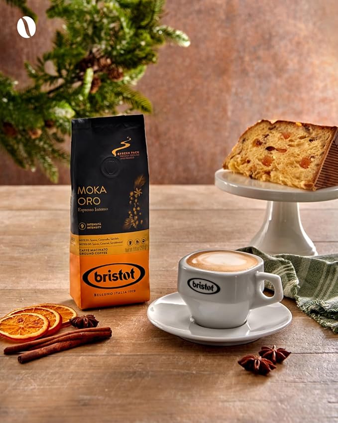 Bristot Moka Oro Ground Coffee – Italian Espresso – Medium Roast – Notes of Spices, Caramel & Sandalwood – For Moka, French Press, Pour Over – 8.8oz (250g)