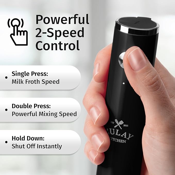 Zulay Kitchen Lux Milk Frother Rechargeable Handheld - Powerful 2-Speed Motor, Fully Waterproof, 2000mAh Battery - Drink Mixer For Latte, Cappuccino, Matcha, Protein Powder - Black