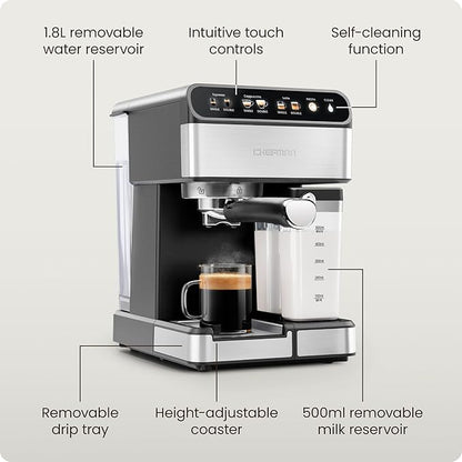 Chefman CaféMaster Pro Espresso Machine, Brew Single or Double Shots, Coffee Maker with Built-In Milk Frother for Cappuccino & Latte, XL 1.8 Liter Removable Water Reservoir - Stainless Steel