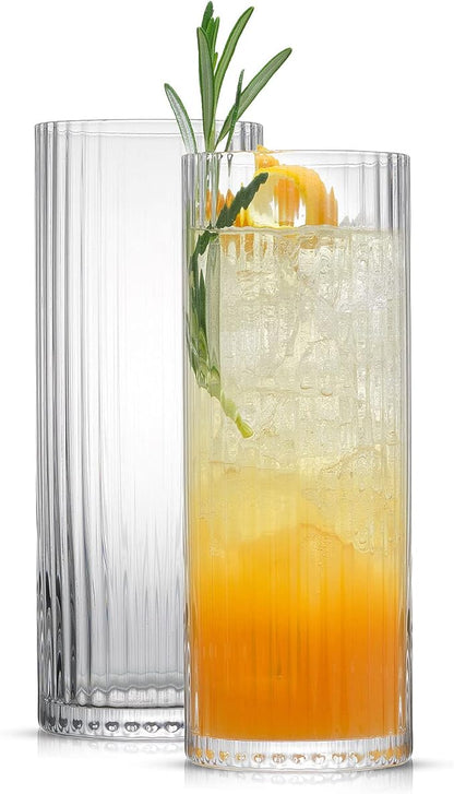 JoyJolt Elle 16oz Fluted Highball Glasses Set of 2, Ribbed Tall Cocktail Tumblers for Gin Juice Water, Vintage Style Drinking Glasses