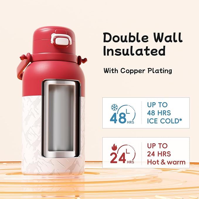 QWE Large Insulated Water Bottle with Straw&Lids,1200ml/40oz Vacuum Sealed Sport Bottles,Double Drinking,Stainless Steel Tumbler with Handle,LeakProof,BPA-Free,for Hiking,Gym,camp (Morden Red)