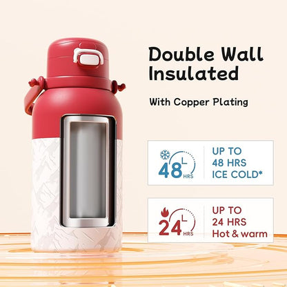 QWE Large Insulated Water Bottle with Straw&Lids,1200ml/40oz Vacuum Sealed Sport Bottles,Double Drinking,Stainless Steel Tumbler with Handle,LeakProof,BPA-Free,for Hiking,Gym,camp (Morden Red)