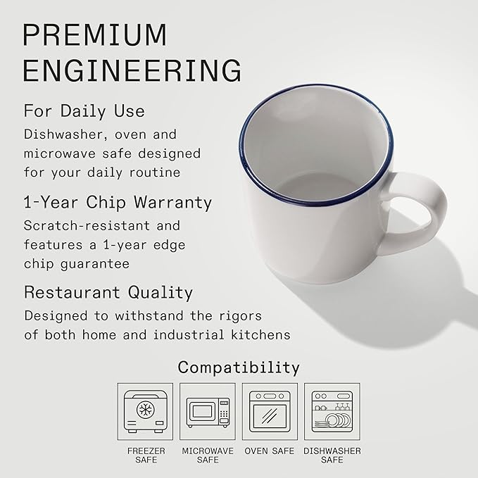 Made In Cookware - Set of 4 - Coffee Mug Set - 12 oz - White With Navy Rim - Porcelain - Crafted in England - Dishwasher and Microwave Safe