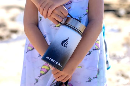 HYDRO CELL Stainless Steel Insulated Water Bottle with Straw - For Cold & Hot Drinks - Metal Vacuum Flask with Screw Cap and Modern Leakproof Sport Thermos for Adults (Black/White 14oz)